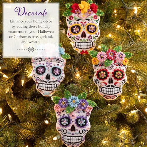 Image of Bucilla, Felt Applique 4 Piece Ornament Making Kit, Floral Sugar Skulls, Perfect for DIY Arts and Crafts