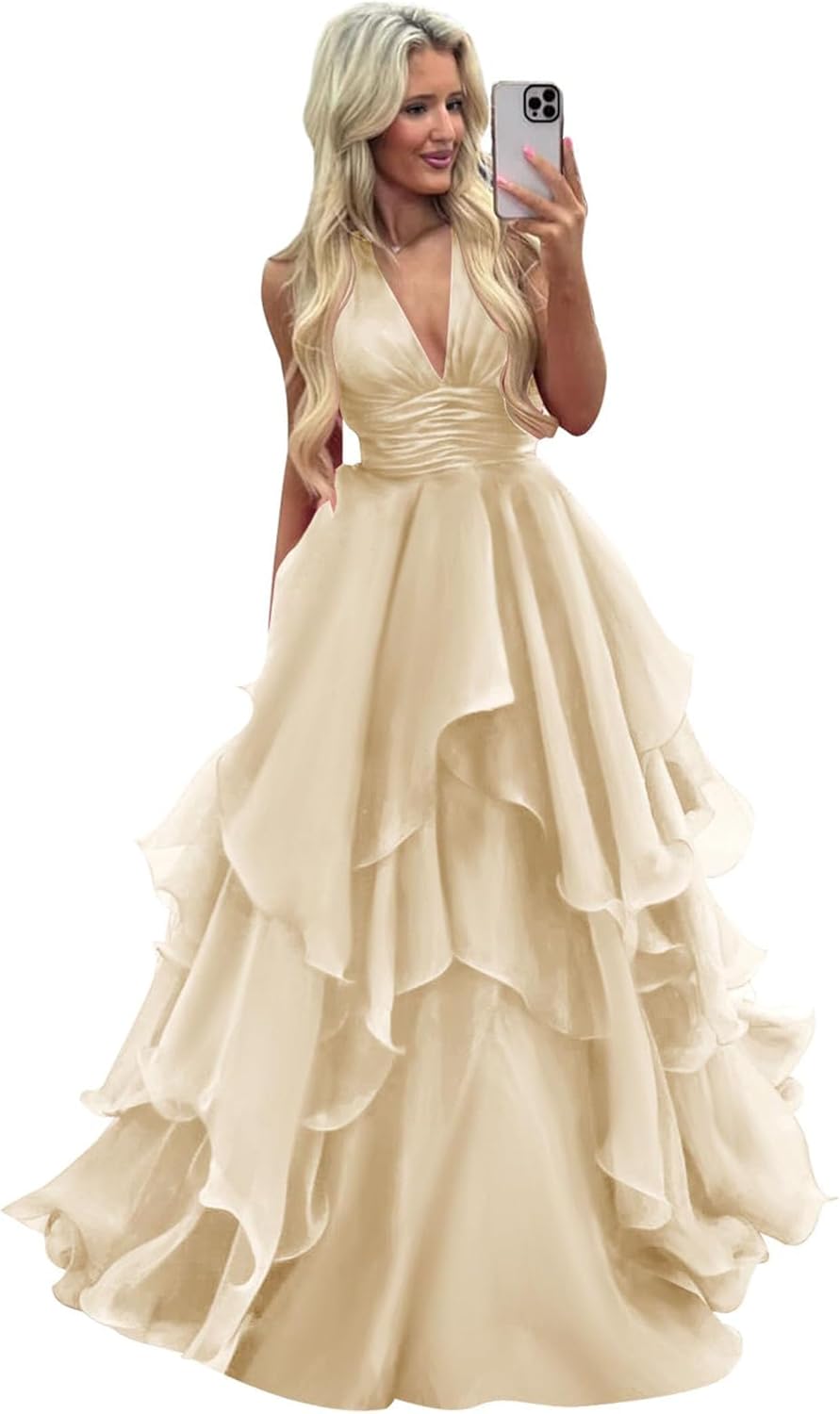 Halter Organza Puffy Prom Dresses V-Neck Long Ruffles Tulle Backless Evening Formal Party Gowns