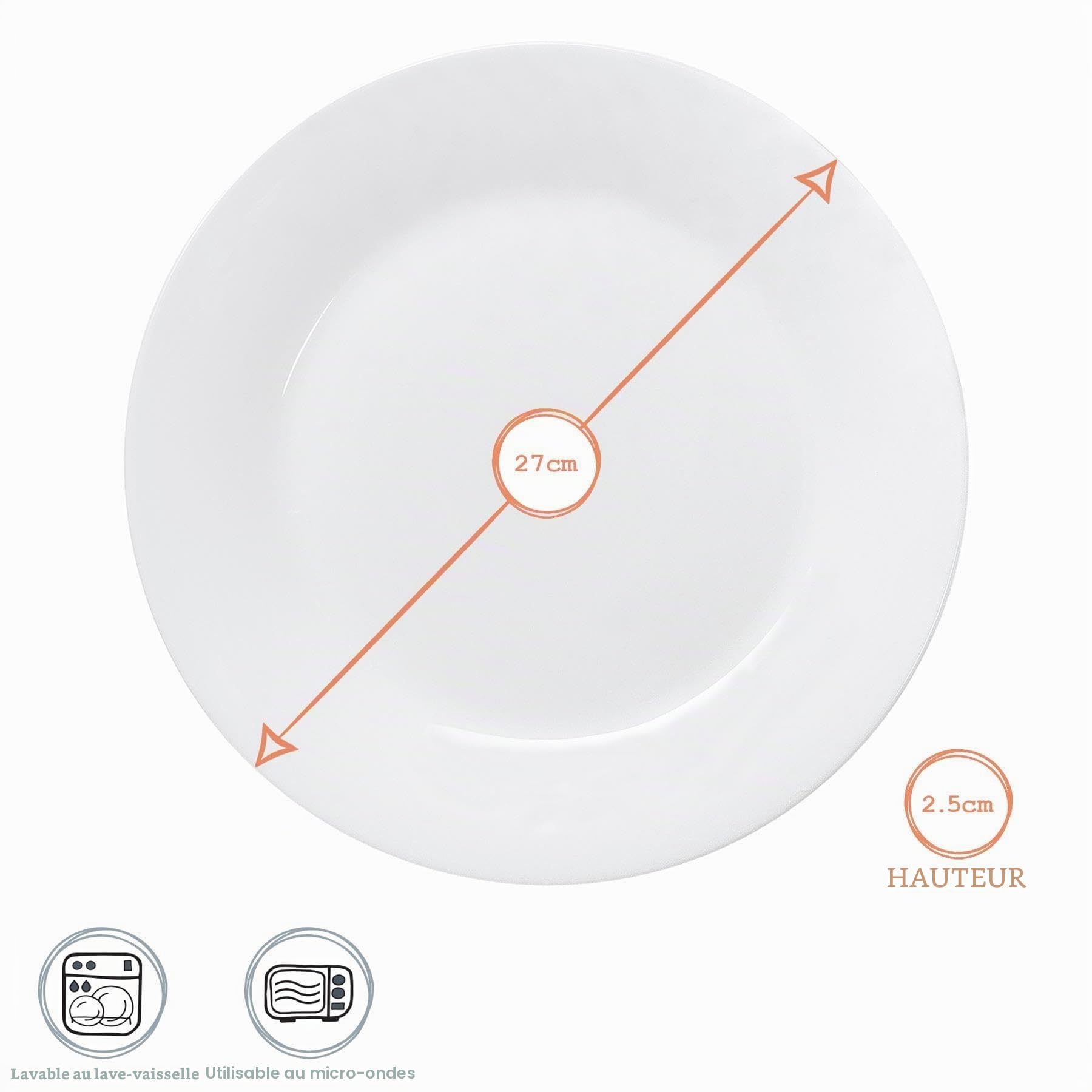 Argon Tableware 6x Assiettes Blanches Classiques de 27 cm - Passe au Lave-Vaisselle et au Micro-Ondes - Ensemble de Plats de Service pour étudiants en Porcelaine