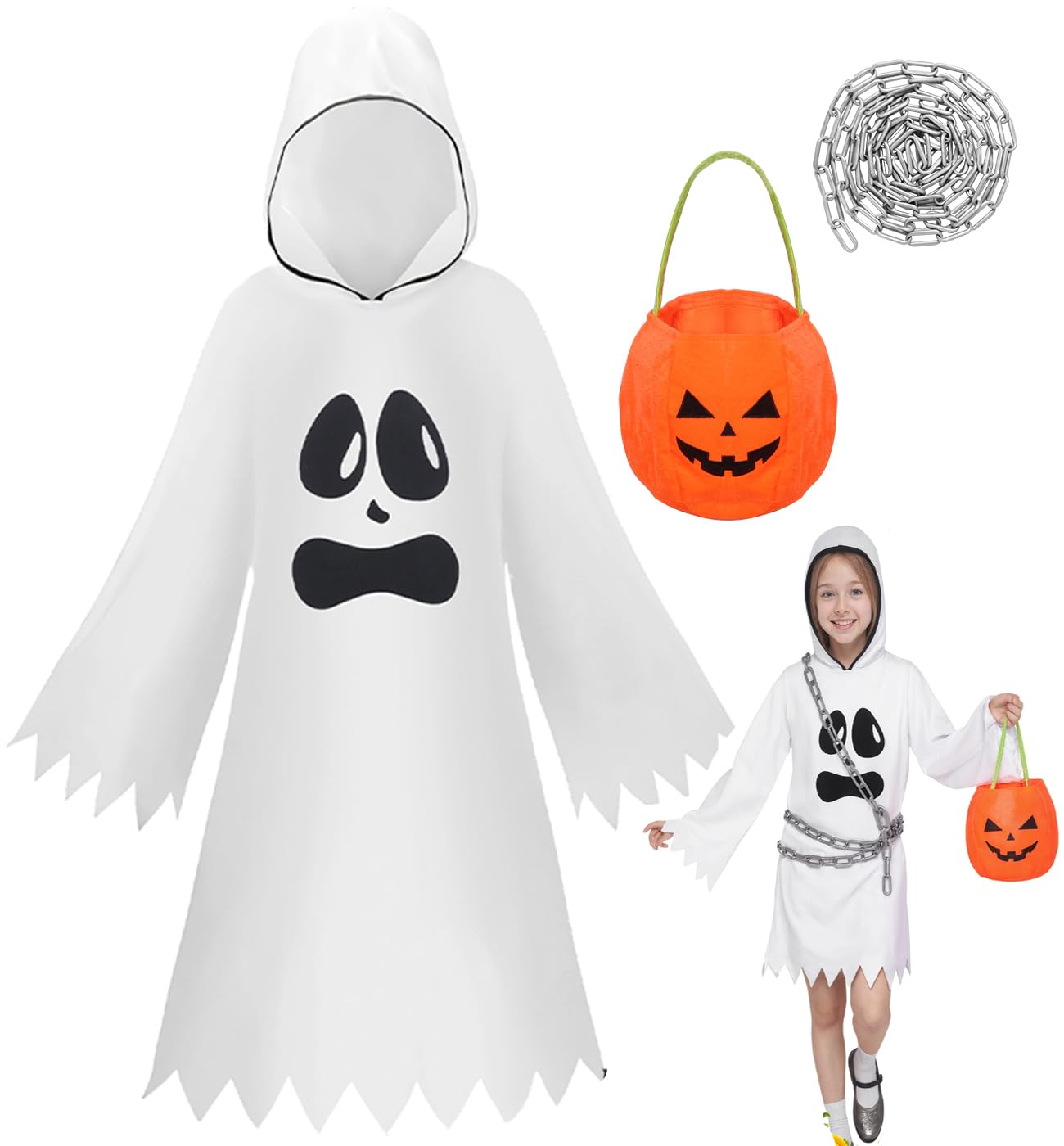HarnyLoom Halloween Ghost Costume Kids, Hooded Cloak with Pumpkin Candy Bag & Costume Accessories Chains, White Ghost Face Fancy Dress Outfit for Boys Girls Halloween Trick or Treating (S)