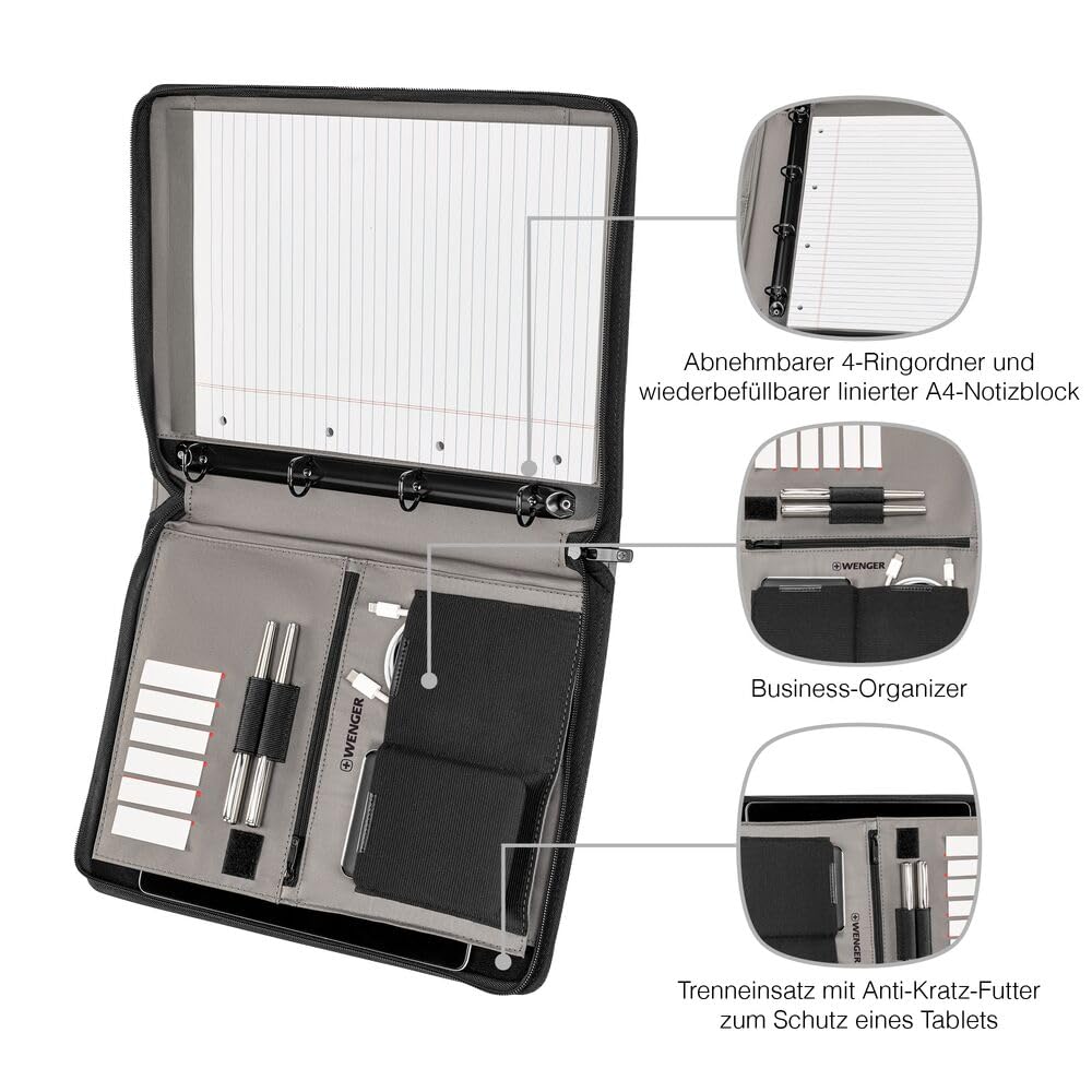 WENGER Affiliate Schreibmappe mit Ringhefter und 10 Zoll Tabletfach, Padfolio mit Business-Organizer, Polyester, A4-Notizbuch, Damen Herren, Grau, 601360