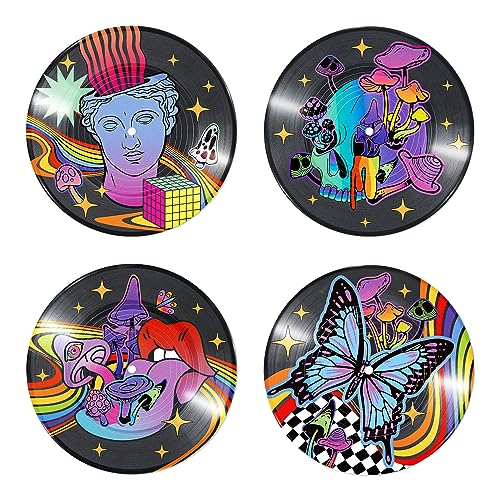 Putuo Decor Set of 4 Hippie Indie Record Wall Decor, Aesthetic Weirdcore Room Decor, Butterfly Mushroom Sun Moon Psychedelic Wall Art