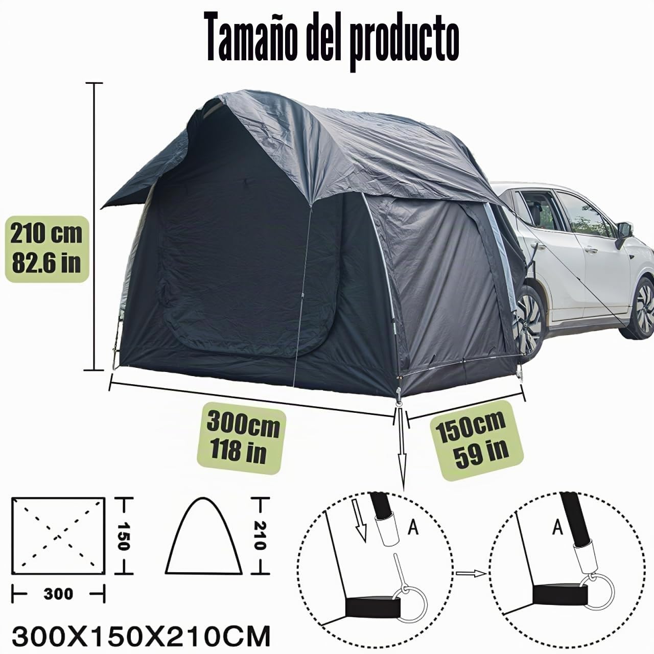 Tienda de campaña para coche con portón trasero para 2-3 personas, con 3 canales grandes, protección solar, tienda de campaña trasera para camping, resistente al agua, duradera, para