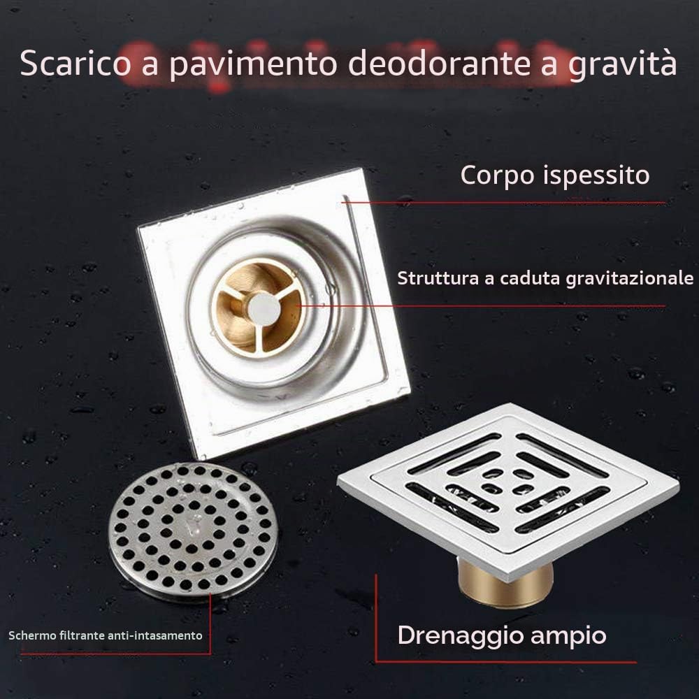 Scarico per doccia quadrato sifone per pavimento antiodore, in acciaio inox scarico del pavimento con filtro per bagno, giardino, 100 mm x 100 mm