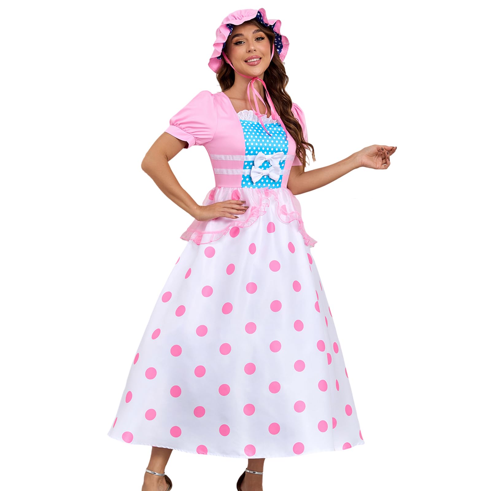 AYYOHON Bo Peep Costume Adult Women Pink Polka Dot Dress Halloween Cosplay Fancy Dress Outfit Deluxe Costumes With Hat L