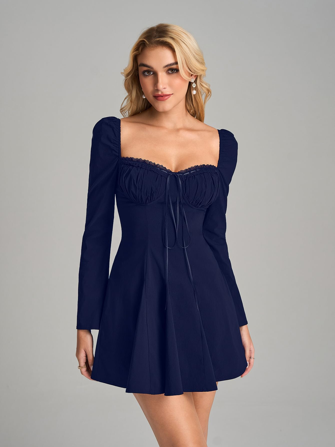EYNMIN Long Sleeve Mini Dress Lace Sweetheart Neckline Flowy A Line Short Going Out Dresses for Women: Navy X-Large