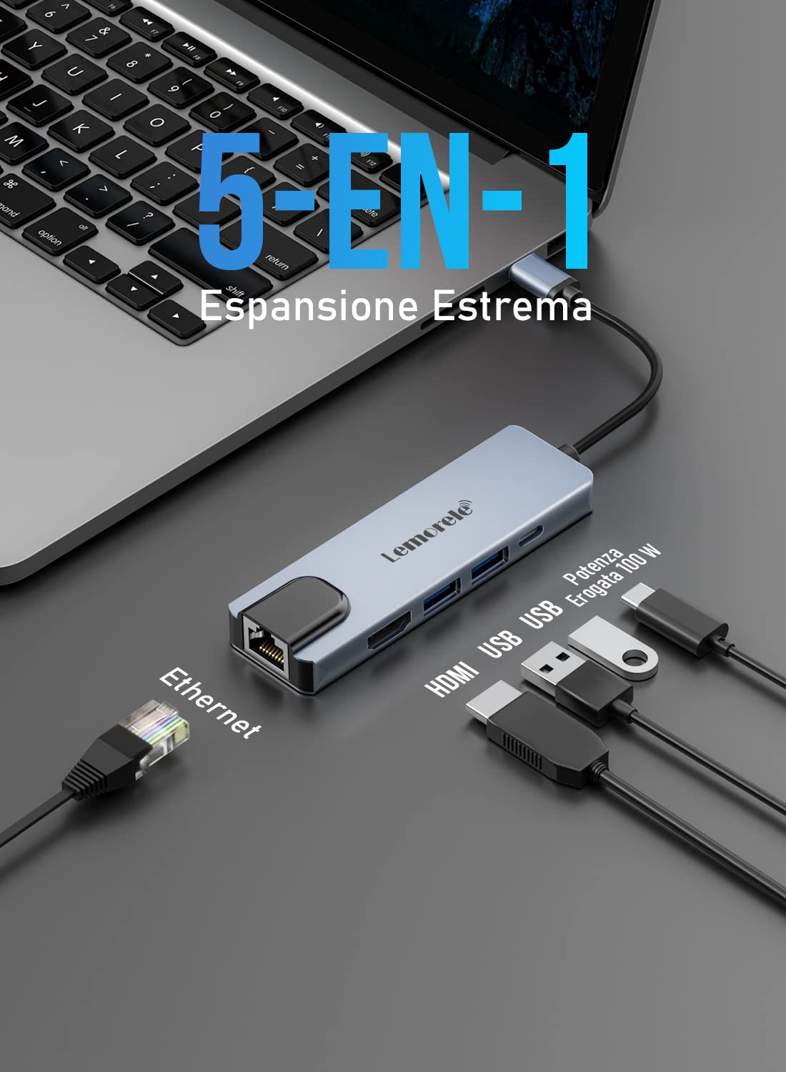 Lemorele Hub USB C Ethernet - 5 in 1, Spazio Alluminio Docking Station con HDMI 4K, PD 100 W, USB A 3.0/2.0, Ethernet LAN RJ45, Multiport Adattatore MacBook Air/Pro, iPad, Switch, Chromecast, Windows