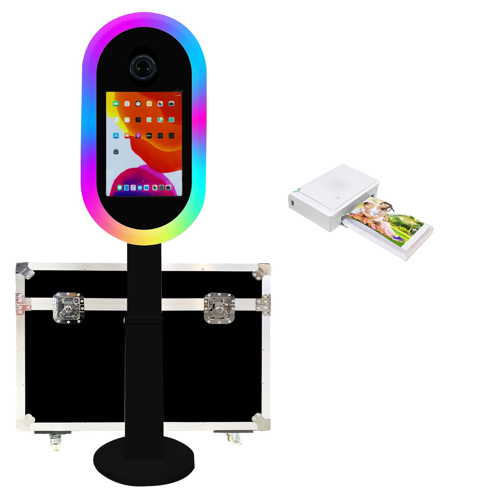 Portable Photo Booth for iPad 10.2 10.9 11 12.9 Inch Support Multiple Camera Models, 2 in 1 Stand for iPad Photo Booth with Airplane Case for Party Wedding. (Black, Machine + Mini Printer)