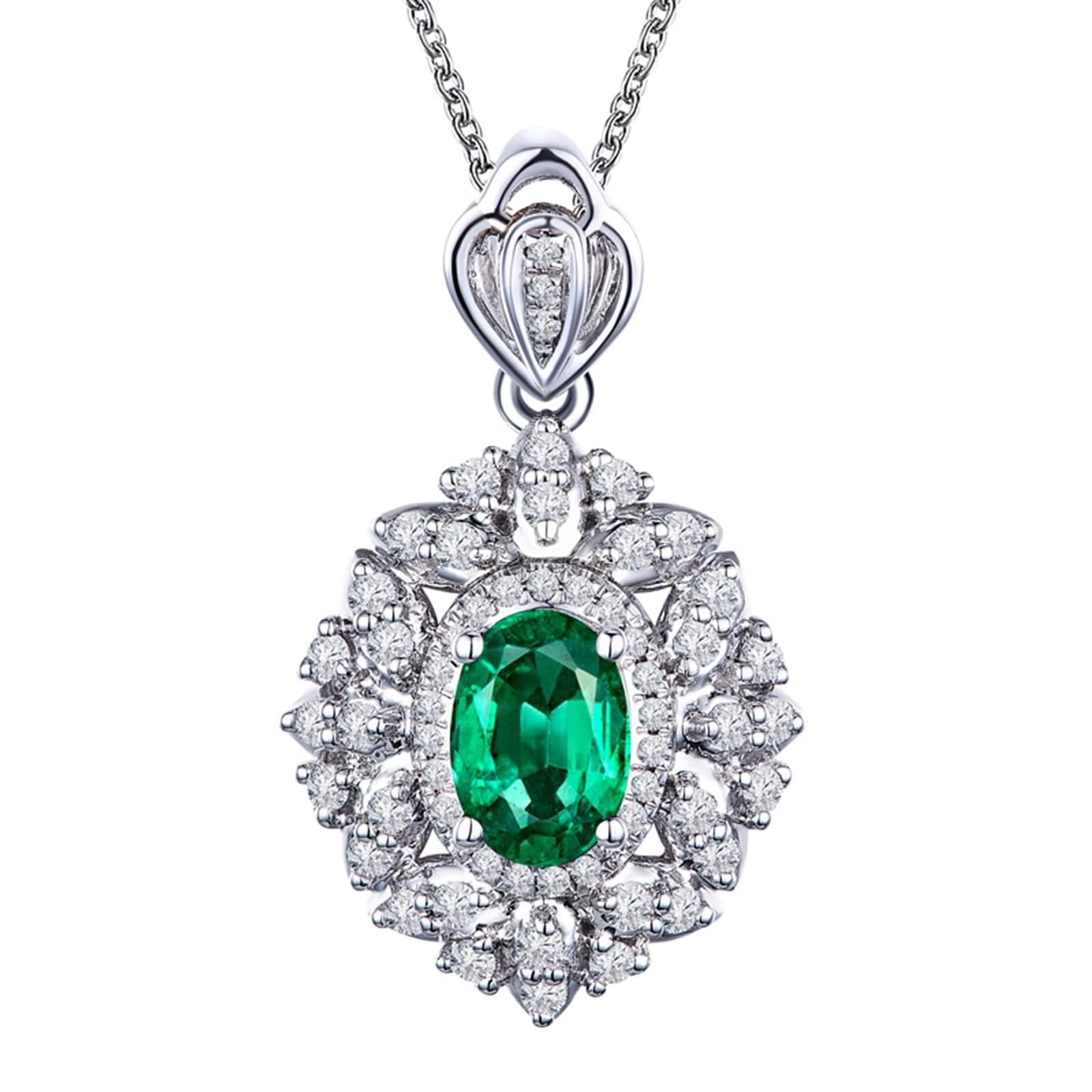 9K / 14K / 18K White Gold Necklace for Women, Flower and Oval with 1.02ct and Diamond Emerald, Pendant Necklace Silver Green Women
