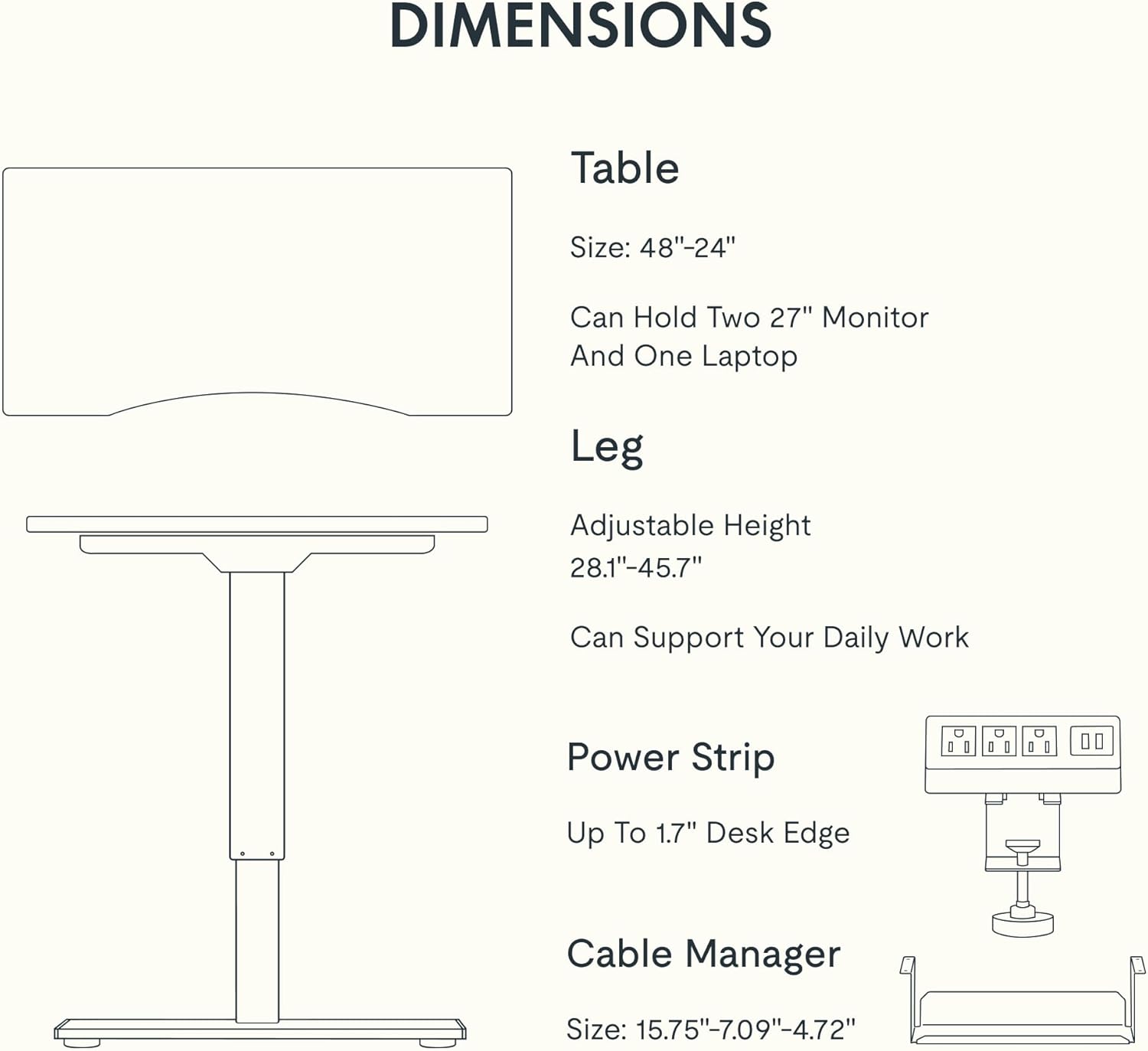 Diagram showing dimensions of the FLEXISPOT EN2 desk, including table size, adjustable height, power strip, and cable manager