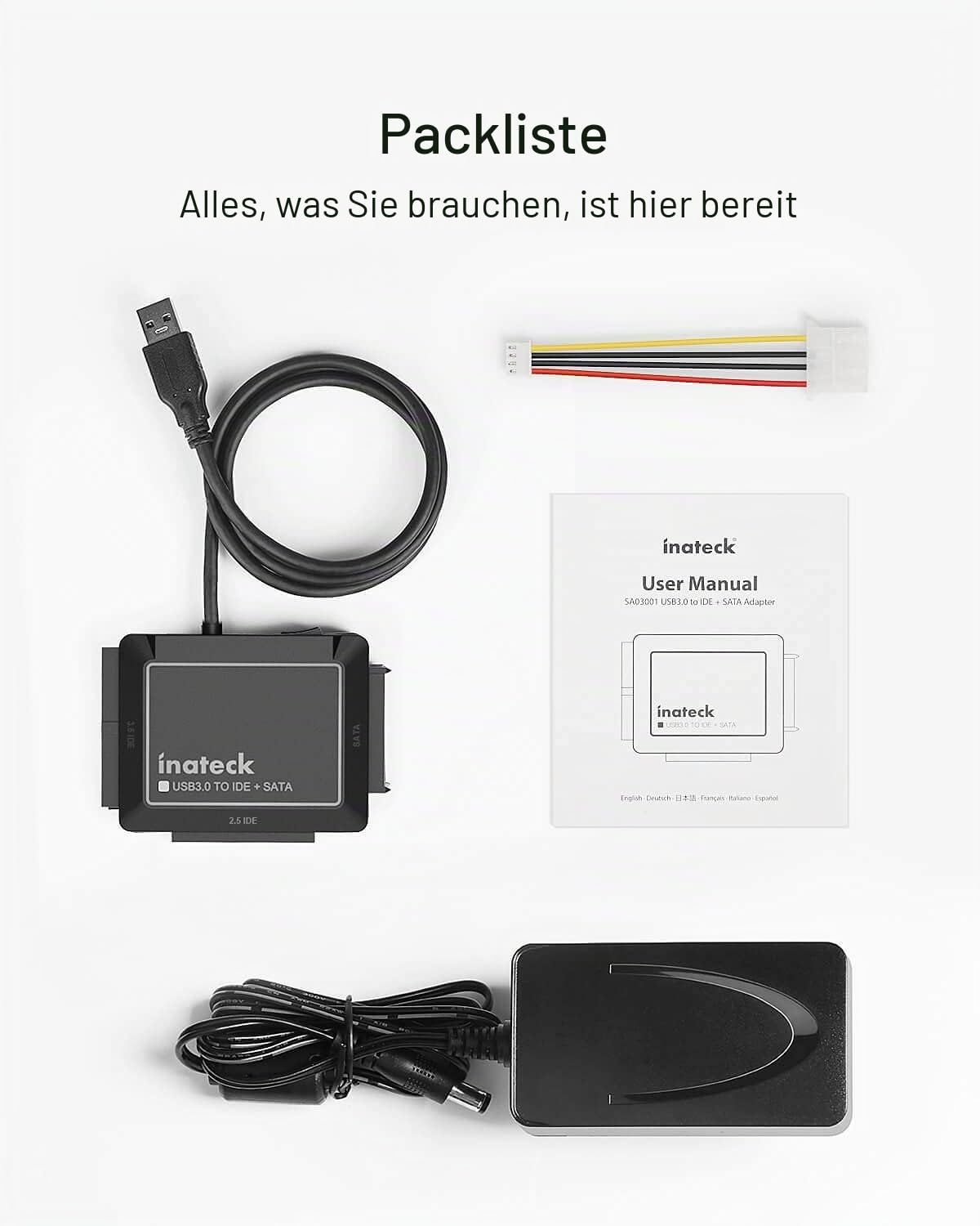 Inateck IDE SATA to USB 3.0 Adapter für 2.5/3.5 Zoll HDD/SSD Festplatten, mit 12V/2A Stromversorgung, SA03001