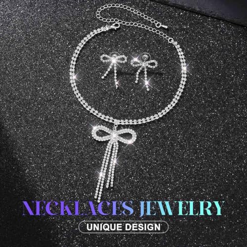 JEAIRTS Rhinestone Bow Jewelry Set Sparkly Bowknot Necklace and Earrings Crystal Prom Jewelry Sets for Women2