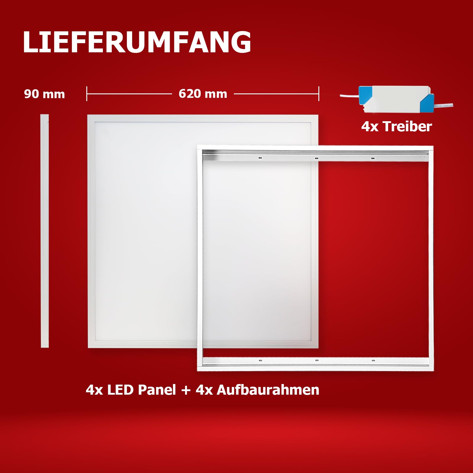 LED Panel 62x62 Neutralweiß 4000K dimmbar Fernbedienung | 40W 3400lm Aufbaurahmen Alu weiß Deckenleuchte Netzteil PLe2.2