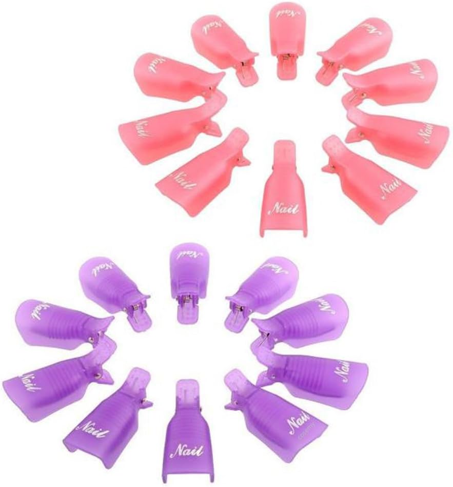 COSEMY 20 Pcs Durable Reusable Plastic Nail Polish Remover Lacquer Tool Soak Off Wrap Cleaner Nail Clip Cap (Pink and Purple)