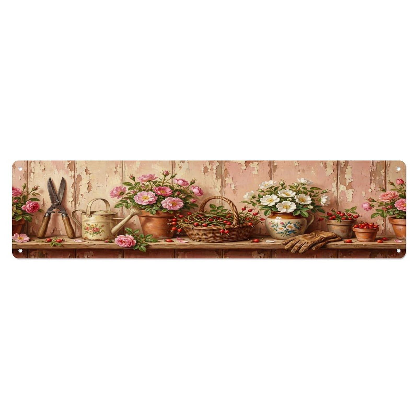 Floral Garden Tools Wild Rose Hedge Pattern Print Metal Tin Sign