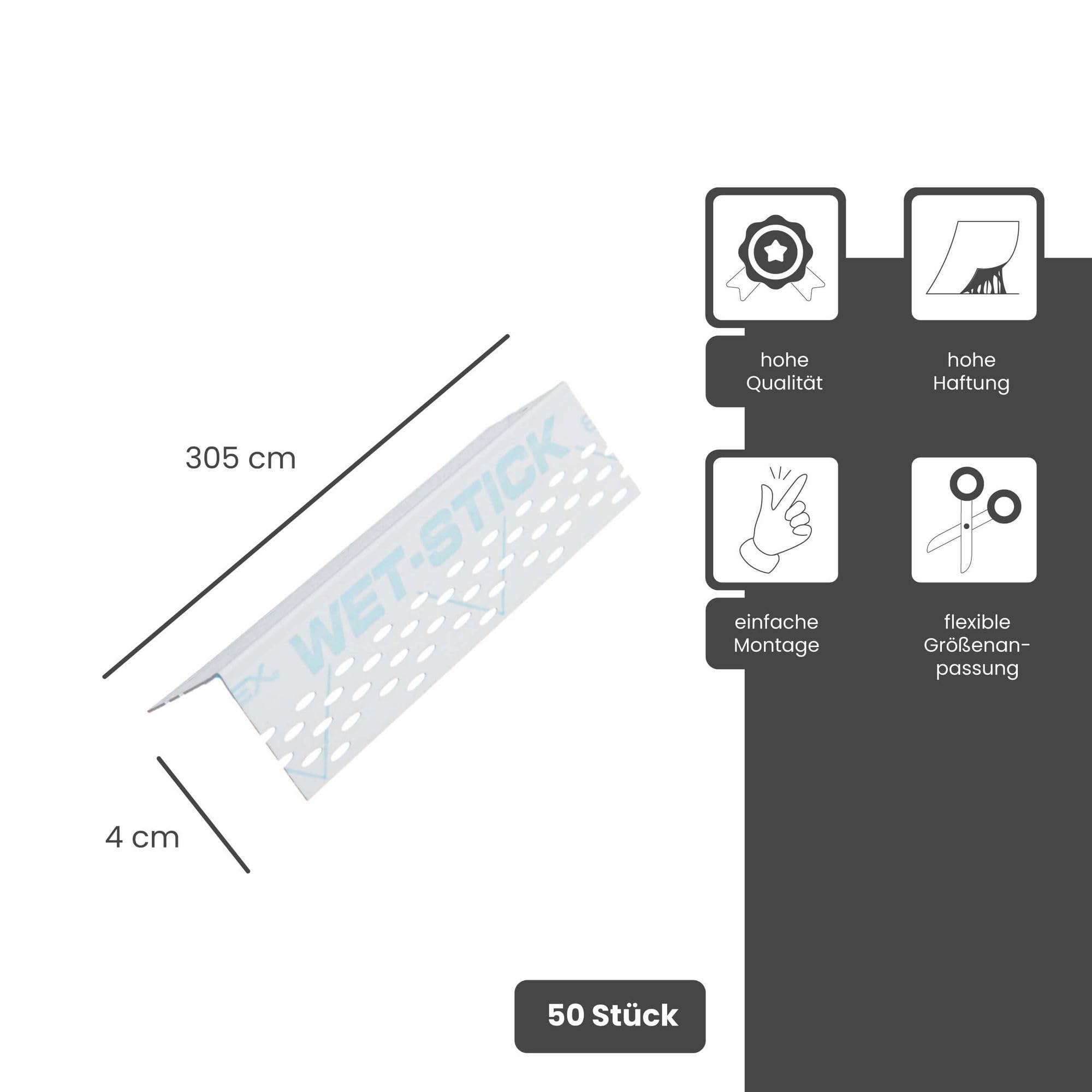 50x Wet-Stick 90° Kantenprofil 274cm Weiß | Wasseraktivierbar selbstklebend, Eckschutzschiene für Außenkanten im Trockenbau, hoher Kantenschutz