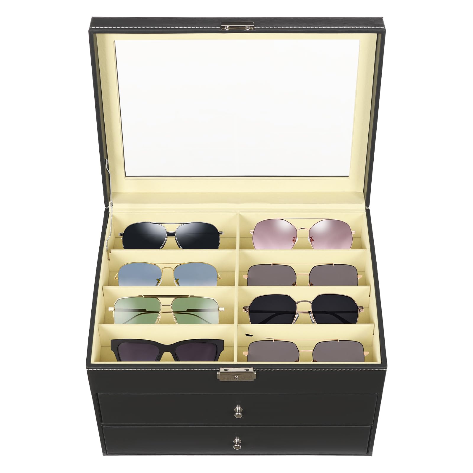 Brillenbox zur Aufbewahrung von 24 Brillen, Dreistufige Brillenkoffer mit Schloss und Schlüssel, Brillenkasten Brillenaufbewahrung für Sonnenbrille, Schwarz, 34 x 25 x 19 cm