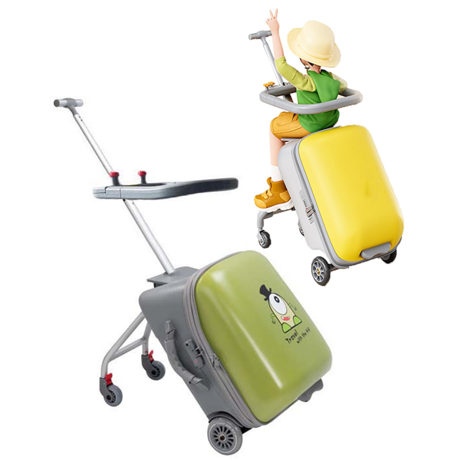 Aufsitzgepäck für Kinder – 50,8 cm faltbarer, erweiterbarer Koffer mit Kindersitz, 2-in-1 leichter Kinderwagen und Koffer-Set mit Leitplanke, grün