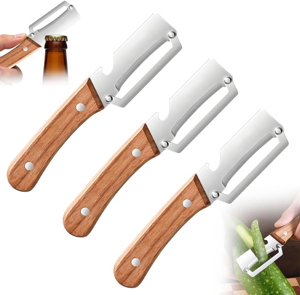 2-in-1 Vegetable Peeler with Wooden Handle 2026 – Stainless Steel Multifunctional Peeler & Bottle Opener, Ergonomic Non-Slip Kitchen Tool for Potato, Carrot, Apple, Pumpkin (3PCS)