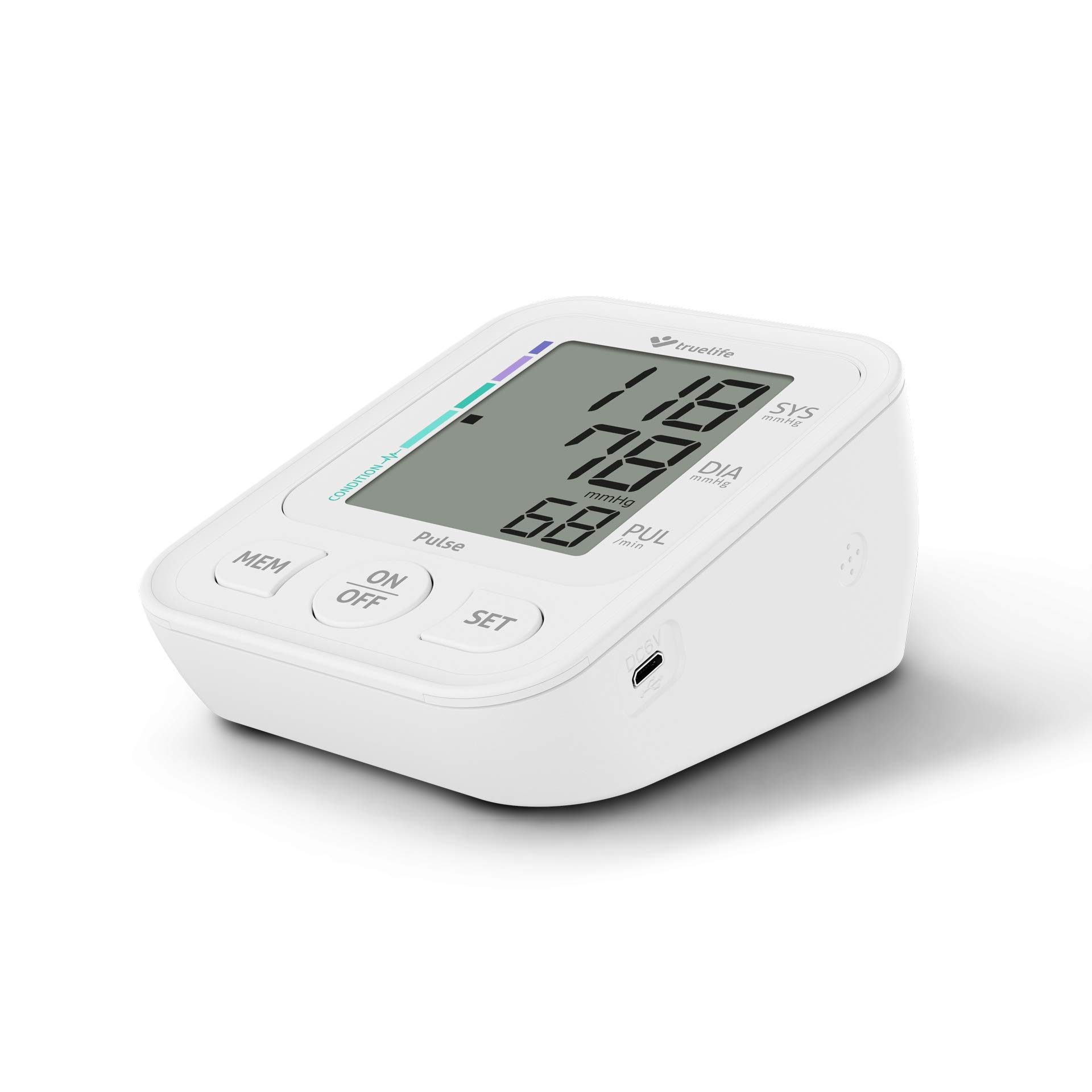 TrueLife Pulse - Tensiómetro digital para brazo con manguito, memoria de hasta 60 mediciones, medición precisa, indicador de presión arterial alta, compacto y práctico