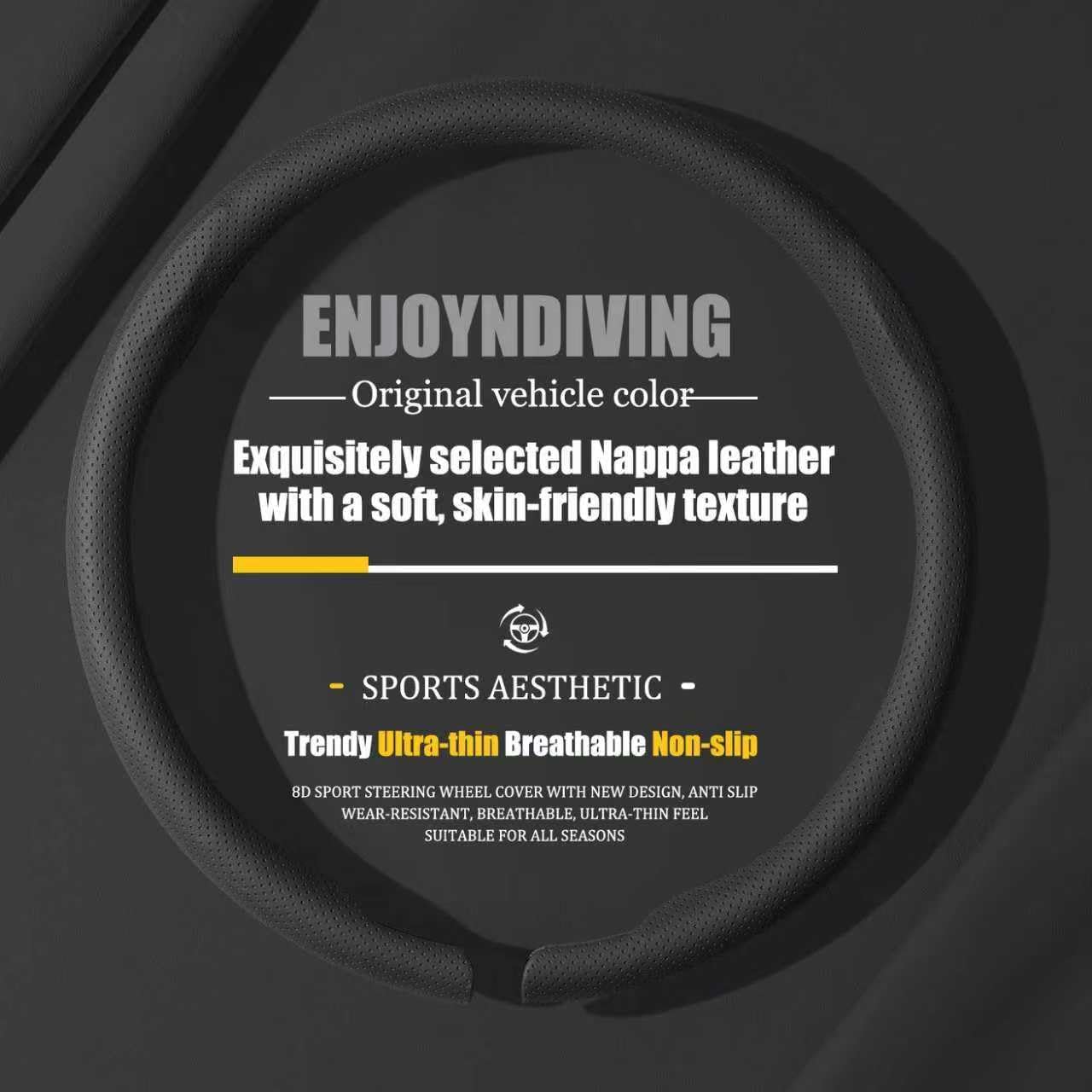 Car Leather Steering Wheel Covers Ultra-Thin Breathable Non-Slip Steering Wheel Protector,Universal Fit 14.5 inch -15 inch Wheel,Black
