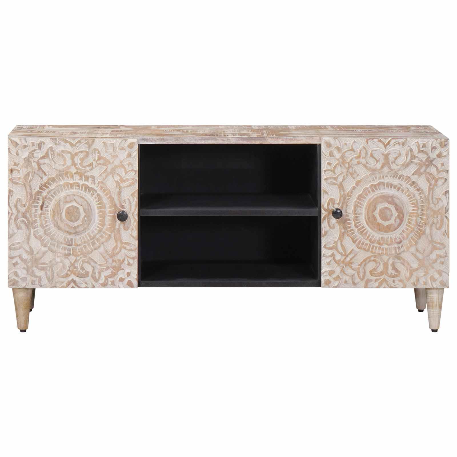 Mobile TV bianco in legno massiccio di mango, 105 x 33,5 x 46 cm, con spazio e gestione dei cavi, cassettiera bassa per soggiorno, ufficio, home theater, CD, DVD e scaffale
