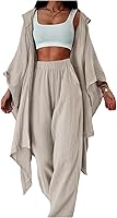 SOLYHUX Women's 2 Piece Hooded Kimono Flowy Cardigan High Waisted Pants Set Casual Outfit