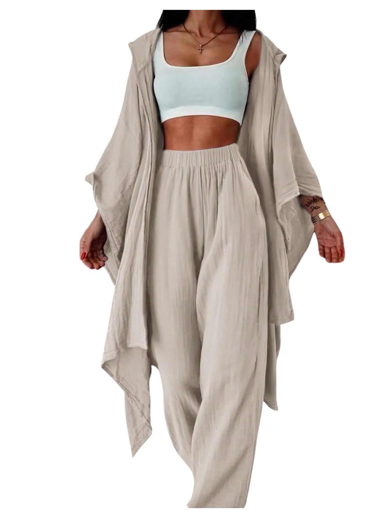SOLY HUX Womens 2 Piece Outfit Hooded Kimono Flowy Cardigan High Waisted Pants Casual Suits