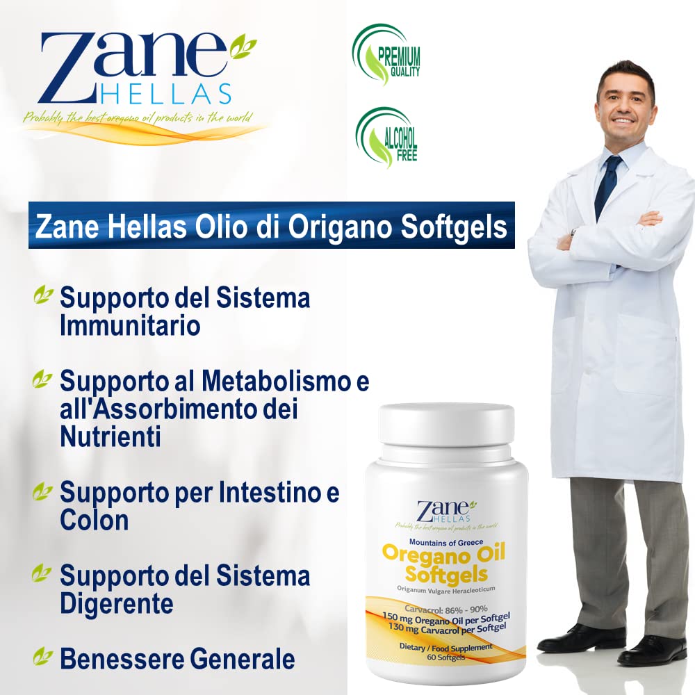Zane Hellas Oregano Oil Softgels. La più alta concentrazione del mondo. Ogni Softgel Contiene 30% di Olio Essenziale Greco Puro di Origano. 130 mg di Carvacrolo per Softgel. 60 softgels.