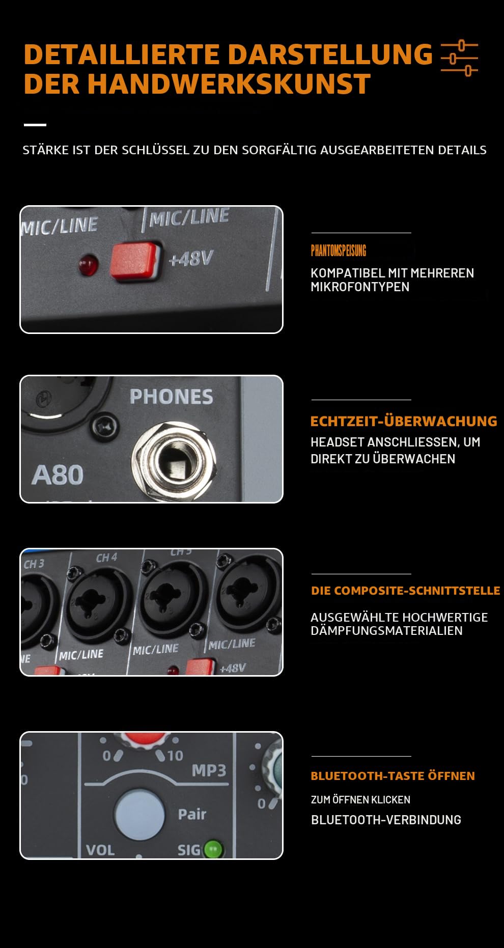 A60 Professioneller Mixer für Aufnahme, DJ, Bühne, Karaoke, Musikanwendung mit 99 DSP-Effekten, USB-Laufwerk für Computeraufnahme, XLR-Mikrofonbuchse, 48V-Stromversorgung für Profis (6-K)