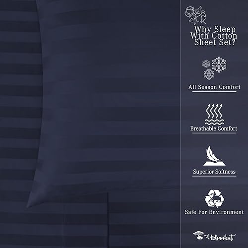 Miniatura 6 de URBANHUT Juego de sábanas de 1000 hilos de algodón puro a rayas (4 unidades), ultra suaves y lisas, tejido satinado para cama tamaño Queen, sábanas