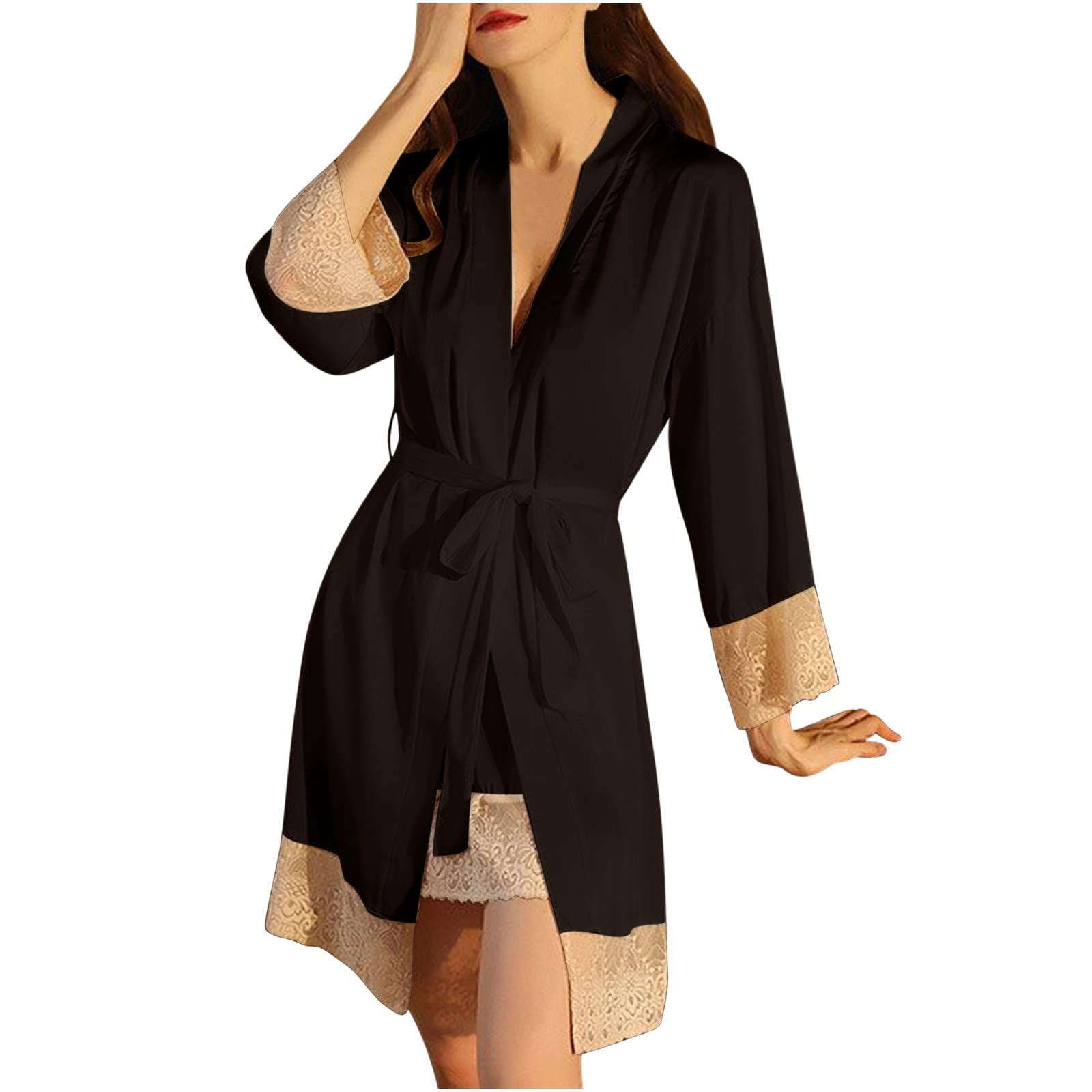 Womens Short Kimono Robe Lace-Trim Silky Satin Bathrobe Sexy V Neck Bride Bridesmaids Sleepwear Spring Soft Nightgown