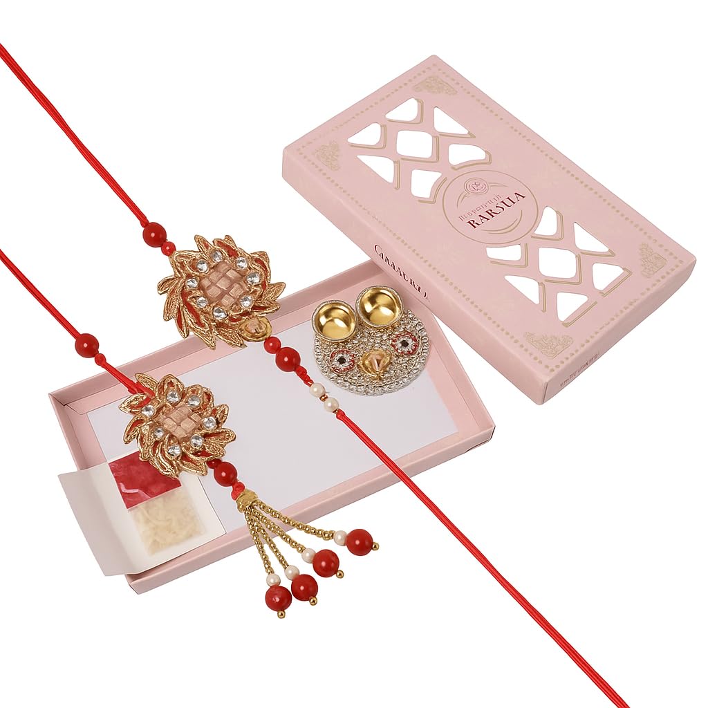 Vending India Gota Patti Bhaiya Bhabhi Pair Rakhi In A Gift Box With Roli – Combo with Roli, Chandan in a Rakshabandhan Card (Mirror)