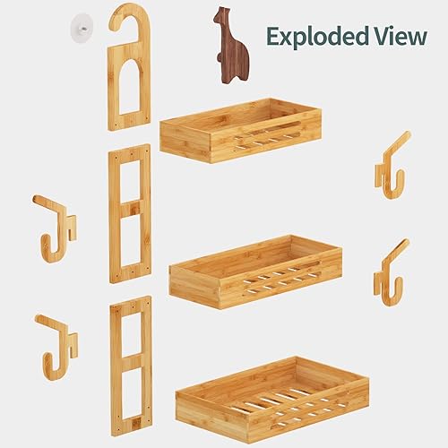 Miniatura 6 de Carrito de ducha de bambú, Carrito de baño colgante, Organizador de ducha de baño de 3 niveles, Caddy sobre cabezal de ducha, Carrito de ducha