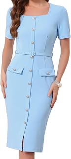 Allegra K Womens Work Dress Button Down Business Office Dresses with Belt | Square Neck, Short Sleeve, Midi Length, Bodycon, Flap Pockets, Work, Dressy Casual, Sheath, Formal