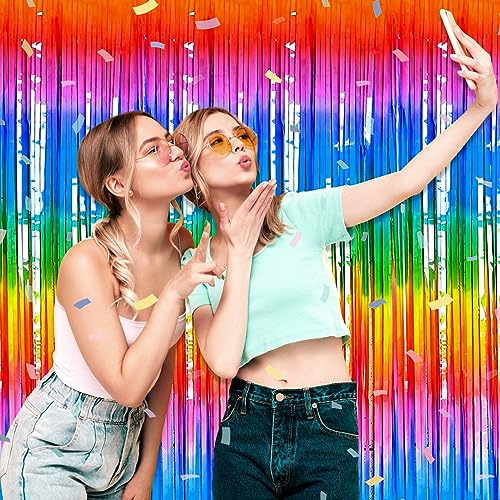 Image of 3 Pack Dark Rainbow Foil Fringe Curtain Backdrop, 3.28Ft x 9.8Ft Metallic Tinsel Foil Fringe Streamer Curtains for Photo Booth, Christmas Day, Thanksgiving, Wedding, New Year Party Decorations