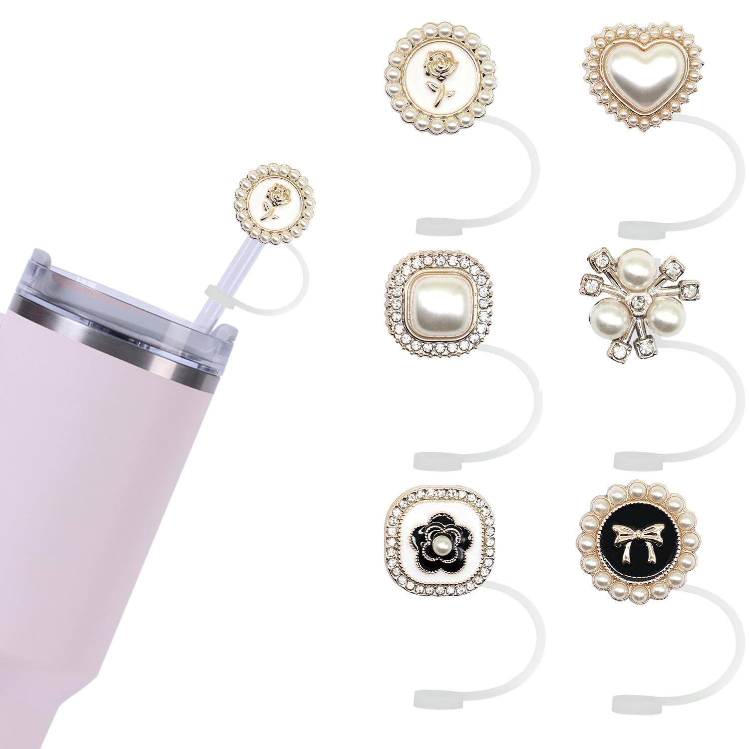 6Pcs Acrylic Straw Cover, Reusable Straw Toppers Drinking Straw Covers Cute Silicone Straw Cap For 10mm Stanley Straw Topper(pearl)