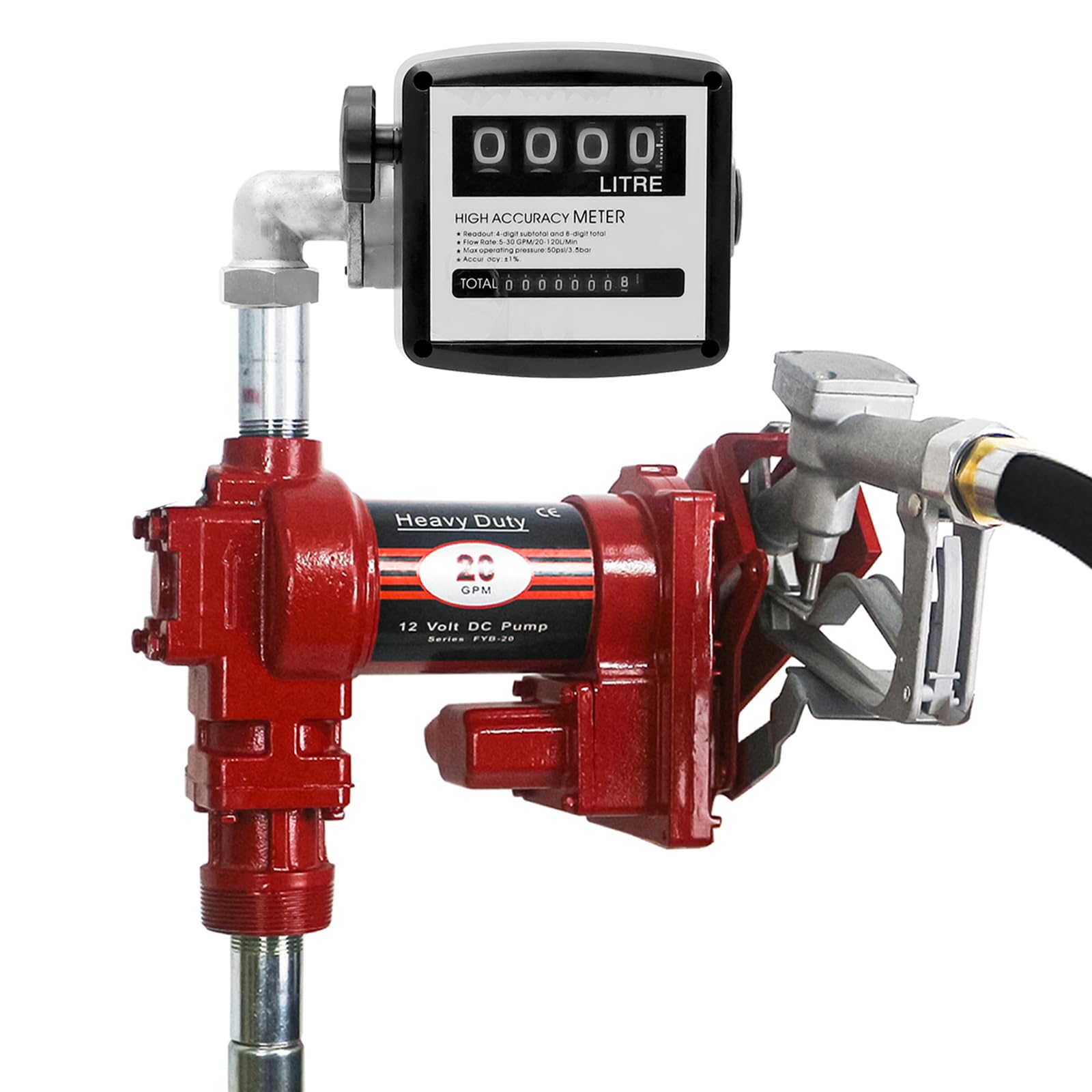 20GPM 12V DC Fuel Transfer Pump Gasoline Pump with Nozzle Kit for Gas Diesel Kerosene Red with Flow Meter