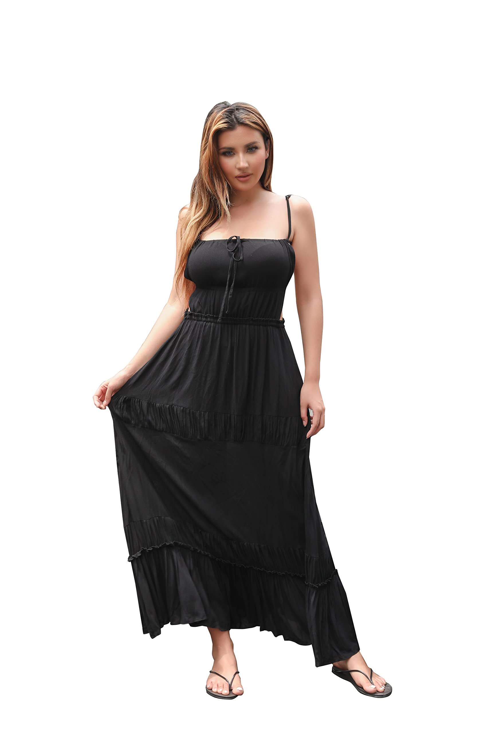 ForeModeWomen's Summer Maxi Dress 2023 Casual A Line Boho Spaghetti Strap Sleeveless Beach Tiered Long Dresses