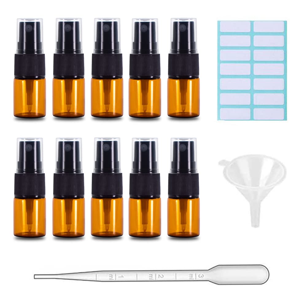 SKYPRO 10Pcs 5ml Amber Glass Spray Bottles, Fine Mist Spray Bottles with Pipette Funnel Labels, Mini Travel Dispenser Bottles for Essential Oils Cleaning Skin Care