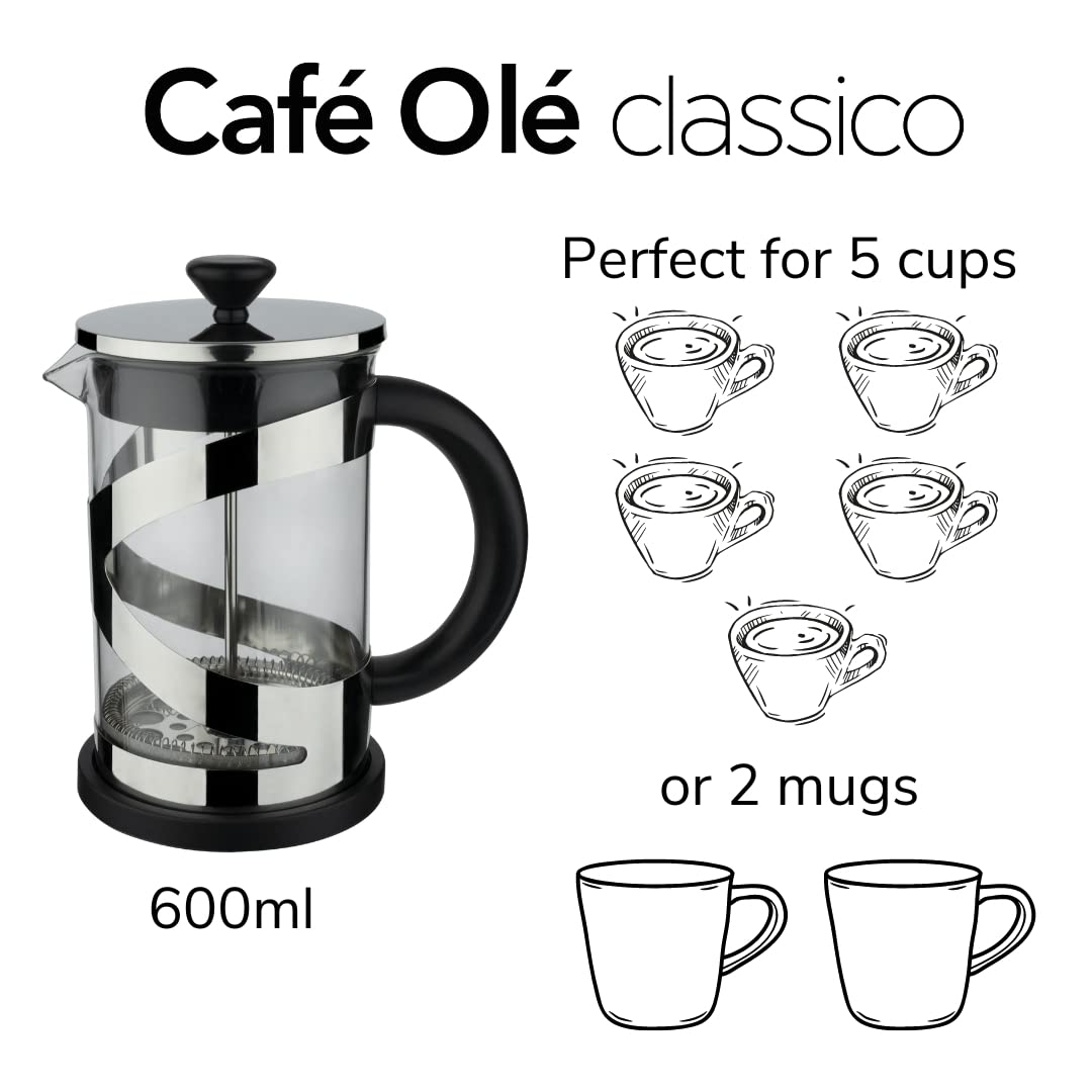 Café Olé Classico Cafetiere, Chrome Finish, 600ml, 4 Cup, French Press Coffee Maker, Heat Resistant Handle, Stainless Steel, CM-06C - Image 2