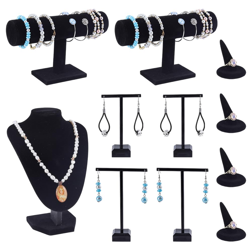 nbeads 8 Pcs Présentation de Bijoux en Velours, Présentoirs pour colliers de Buste Porte Bracelets avec Barre en T Porte Boucles D'Oreilles avec Barre en T Porte Bagues Conique en Résine Floquée