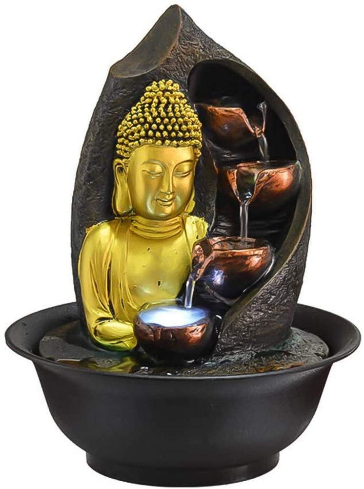 Una fontana di Buddha illuminata, fontana di meditazione zen per interni, statua di Buddha in resina, regali e decorazioni, fontana di acqua feng shui dorata da 11 pollici