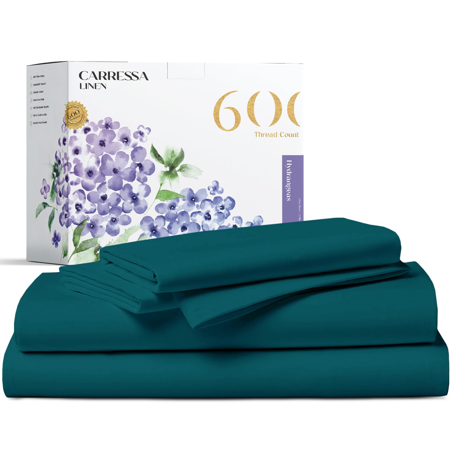 Carressa Linen 600 Thread Count Long Staple Soft Egyptian Cotton Sheet Set, 4 Piece Set, King Sheets, Upto 17 in Deep Pocket, Smooth & Soft Sateen Weave, Deep Pocket, Luxury Bedding, Teal