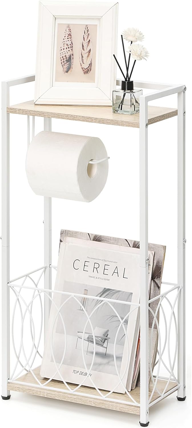 SunnyPoint Classic Space Saving Freestanding Toilet Paper Holder with Storage Shelf – Bathroom Space Saver for Phone, Tablet, and Magazines – All Purpose Bathroom Organizer Space Saver (White)