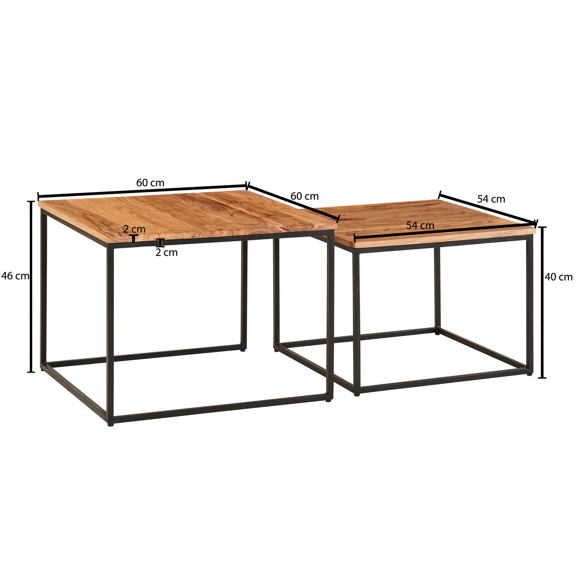 FineBuy Couchtisch 2er Set Akazie Massivholz quadratisch · Wohnzimmertisch Set mit schwarzem Metallgestell · Handgefertigte Beistelltische im modernen Industrial Design Satztisch Braun