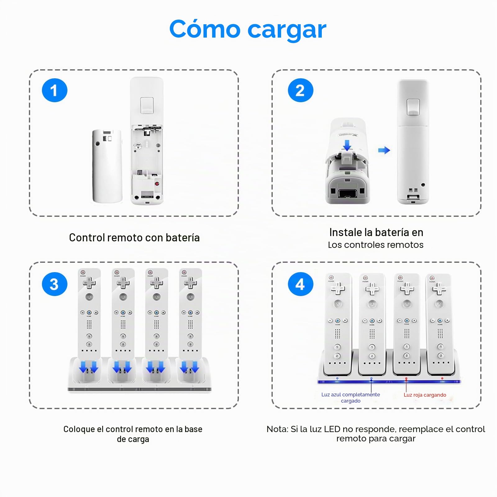 Estación de carga para Wii, 4 en 1 mando estación de carga con indicadores LED 4 piezas 2800mAh batería recargable paquete para mando Wii