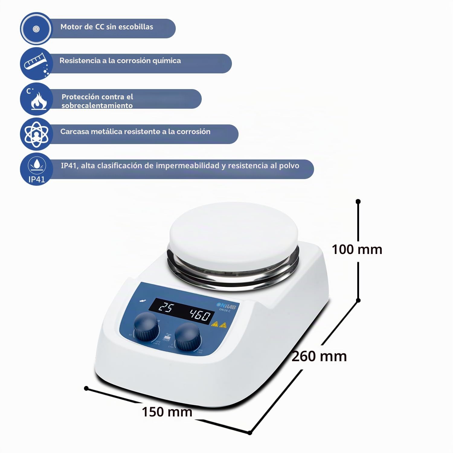 ONiLAB 280 ℃ 5 Pulgadas Agitador magnético LED digital con placa de calentamiento y superficie de trabajo de acero inoxidable recubierta de cerámica, 200-1500 rpm, sensor de sonda de temperatura