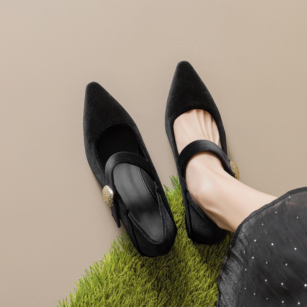 Women's Suede Mary Jane Pumps Fashion Pointed Toe Buckle Chunky Block Heel Dress Shoes for Office and Casual Wear