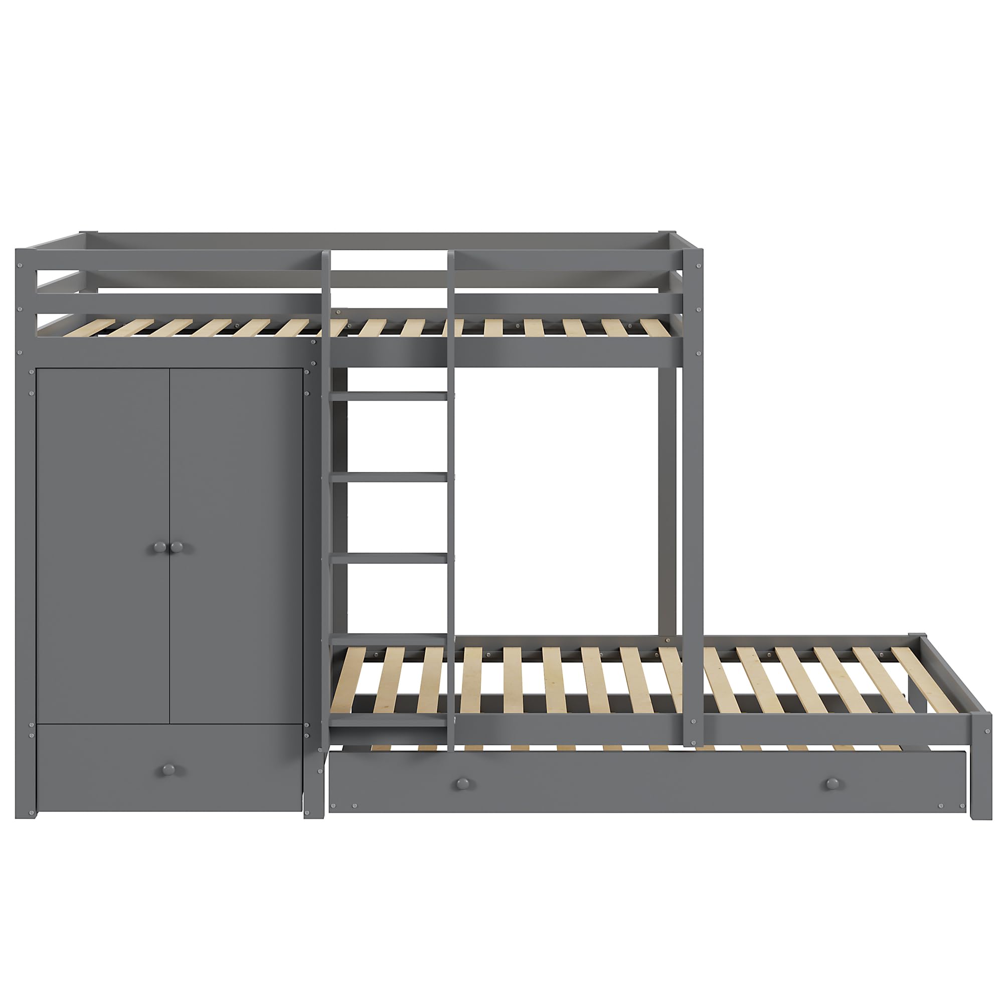 Azkoeesy Litera para 3 Personas, 90x200 + 90x190 cm, con Cama Nido, Armario Empotrado y estanterías, cajón, somier, barandilla, Cama Triple, para Adolescente y Adulto, Color Gris